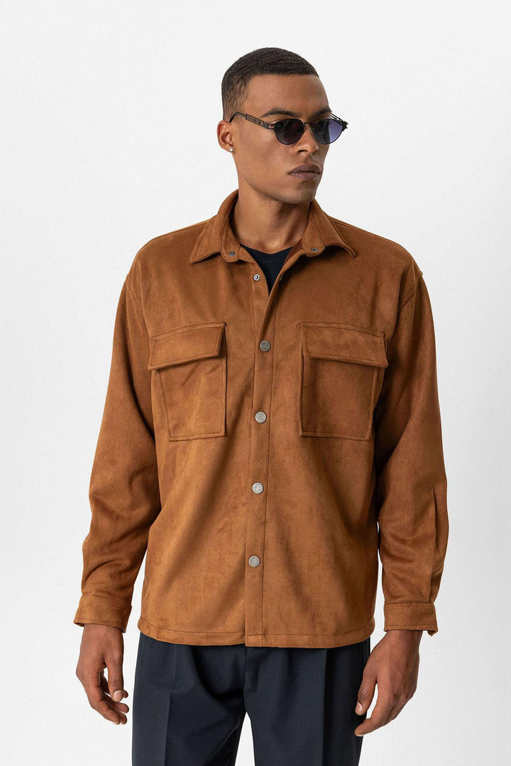 قميص رجالي من ANT Suede بقصة عادية مع أزرار معدنية - بايتاون