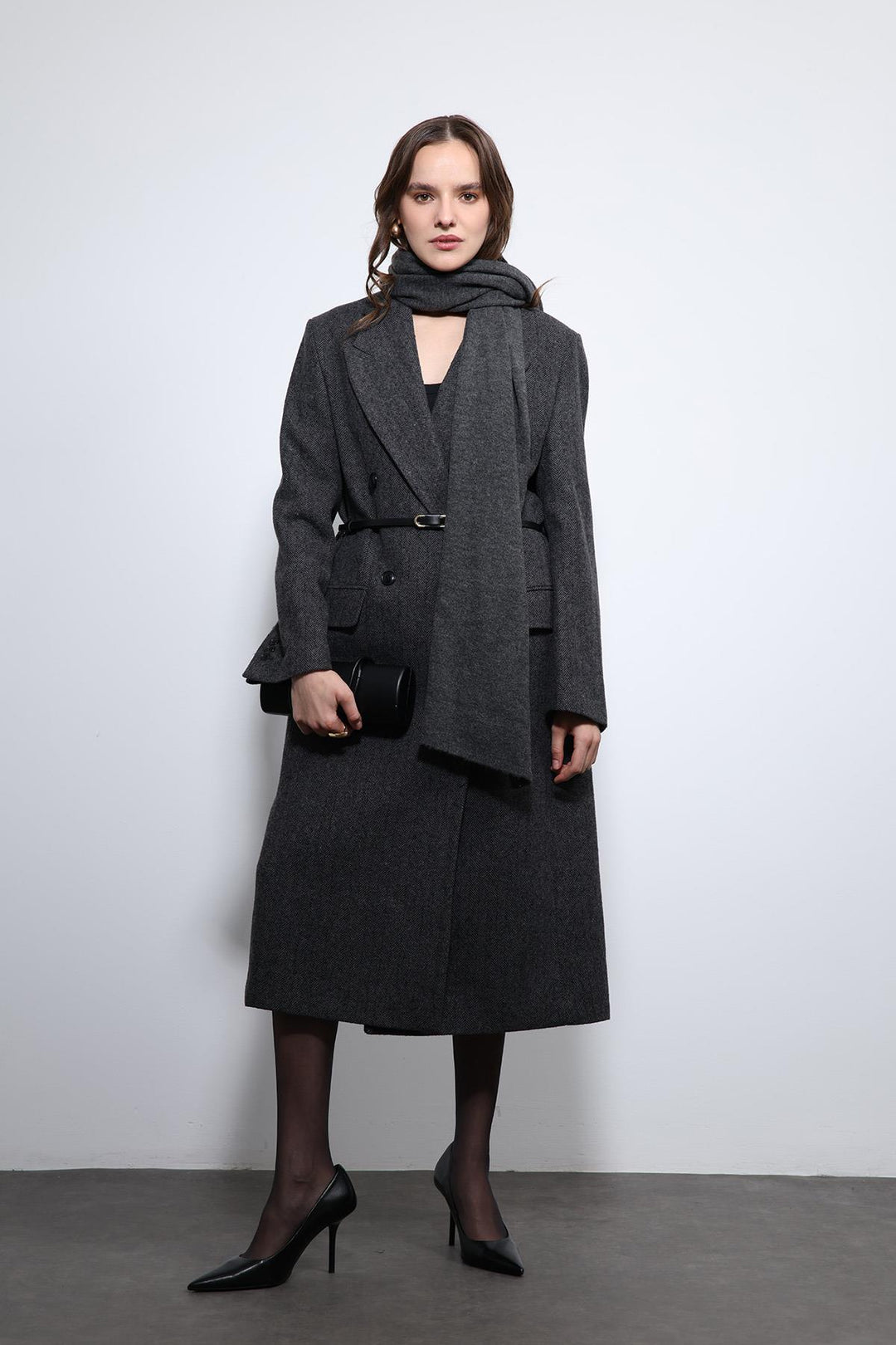 ANT Antioch Antrasit Balıksırtı Desenli Kemerli Kaban - Redding