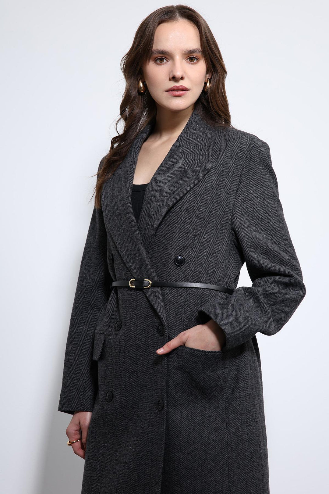 ANT Antioch Antrasit Balıksırtı Desenli Kemerli Kaban - Redding