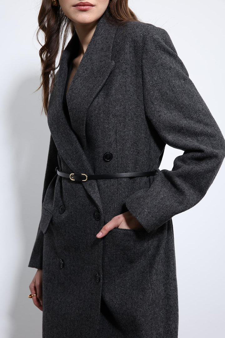 ANT Antioch Antrasit Balıksırtı Desenli Kemerli Kaban - Redding