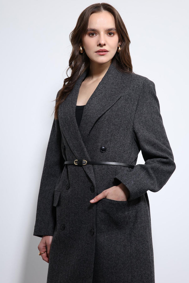 ANT Antioch Antrasit Balıksırtı Desenli Kemerli Kaban - Redding