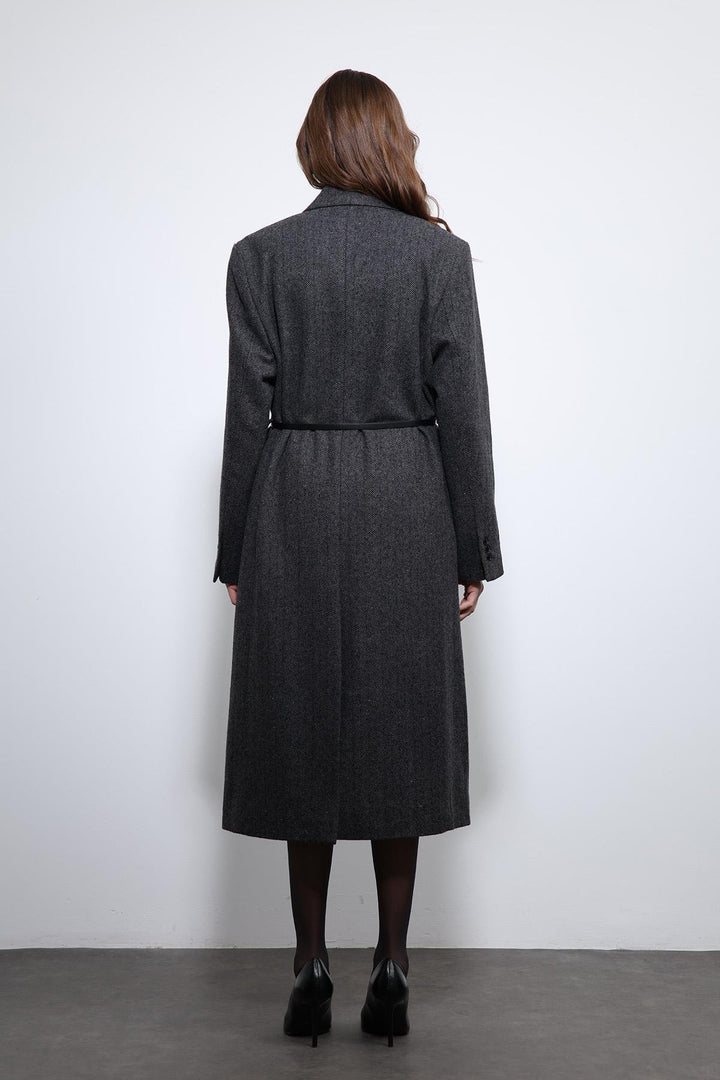 ANT Antioch Antrasit Balıksırtı Desenli Kemerli Kaban - Redding