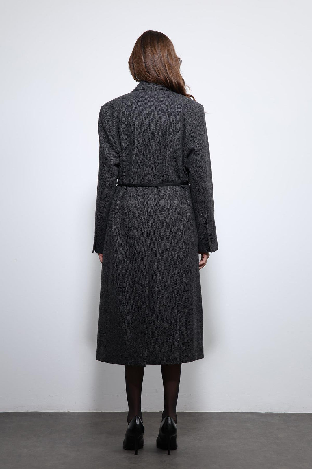 ANT Antioch Antrasit Balıksırtı Desenli Kemerli Kaban - Redding