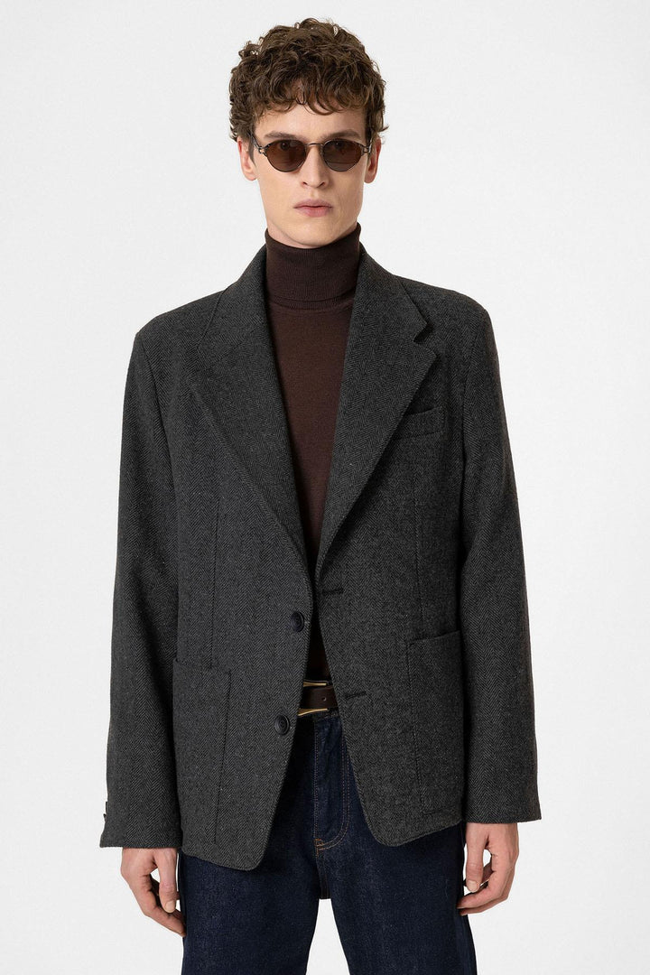 ANT Antioch Anthracite Herringbone Patterned Oversized Men's Blazer Jacket - Erie