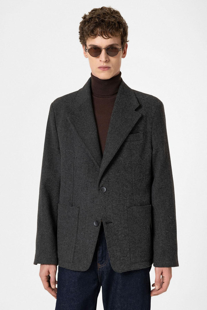 ANT Antioch Anthracite Herringbone Patterned Oversized Men's Blazer Jacket - Erie