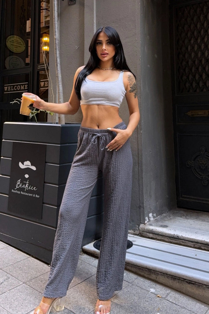 Anthracite High Waist Elasticated Tie Waist Comfortable Cut Lycra Pants BCBT-251011 - Chornomorsk