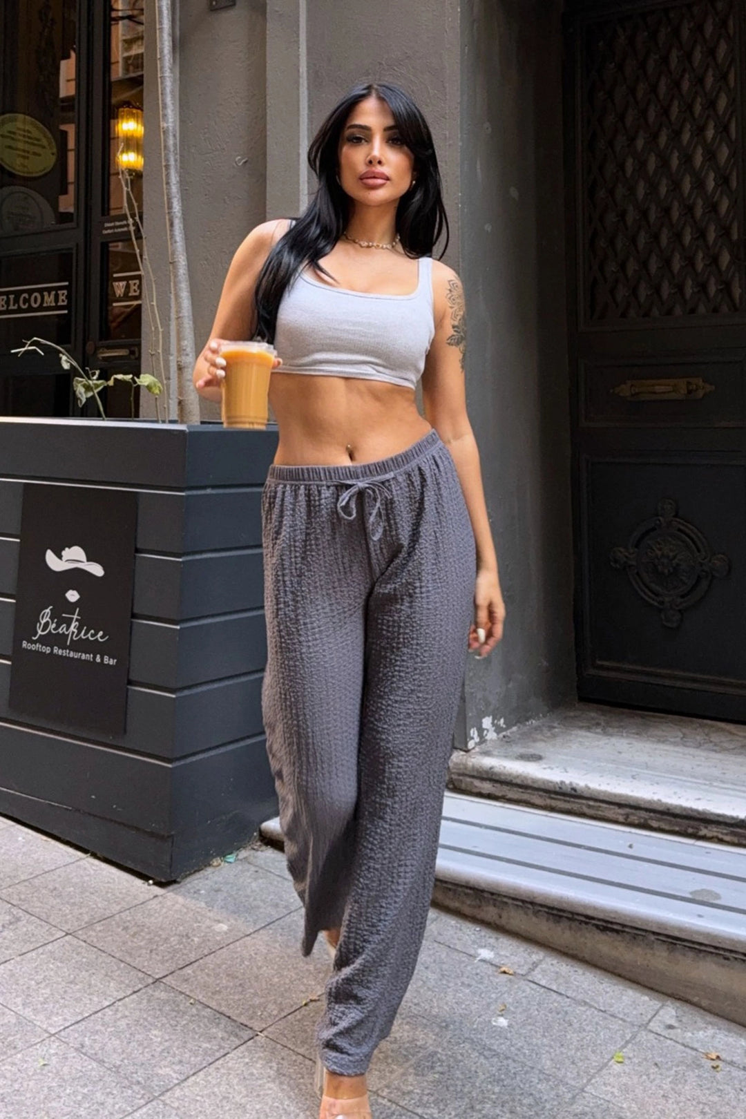 Anthracite High Waist Elasticated Tie Waist Comfortable Cut Lycra Pants BCBT-251011 - Chornomorsk