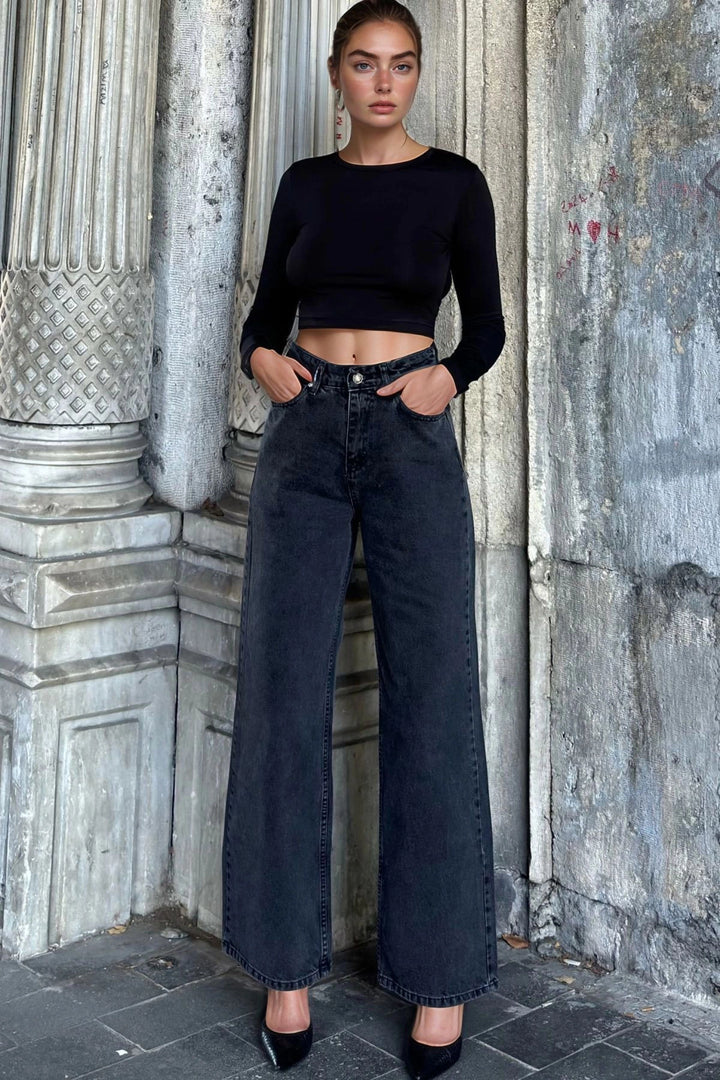 Antrasit Waist Elastic Wide Leg Denim Pants BCBSK-25700-KT0095 - Unna