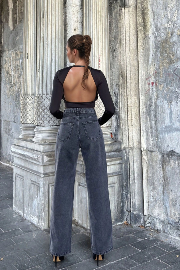 Antrasit Waist Elastic Wide Leg Denim Pants BCBSK-25700-KT0095 - Unna