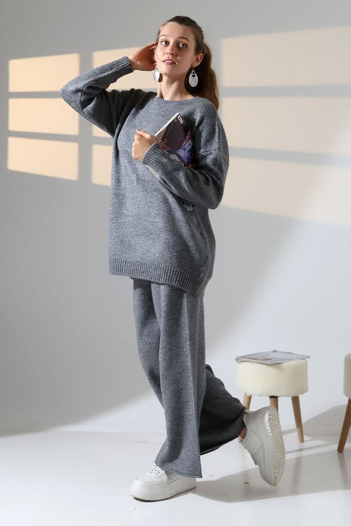 Anthracite Bicycle Neck Sweater and Wide Leg Pants Top Bottom Knit Set BCES-252005 - Bakhmut