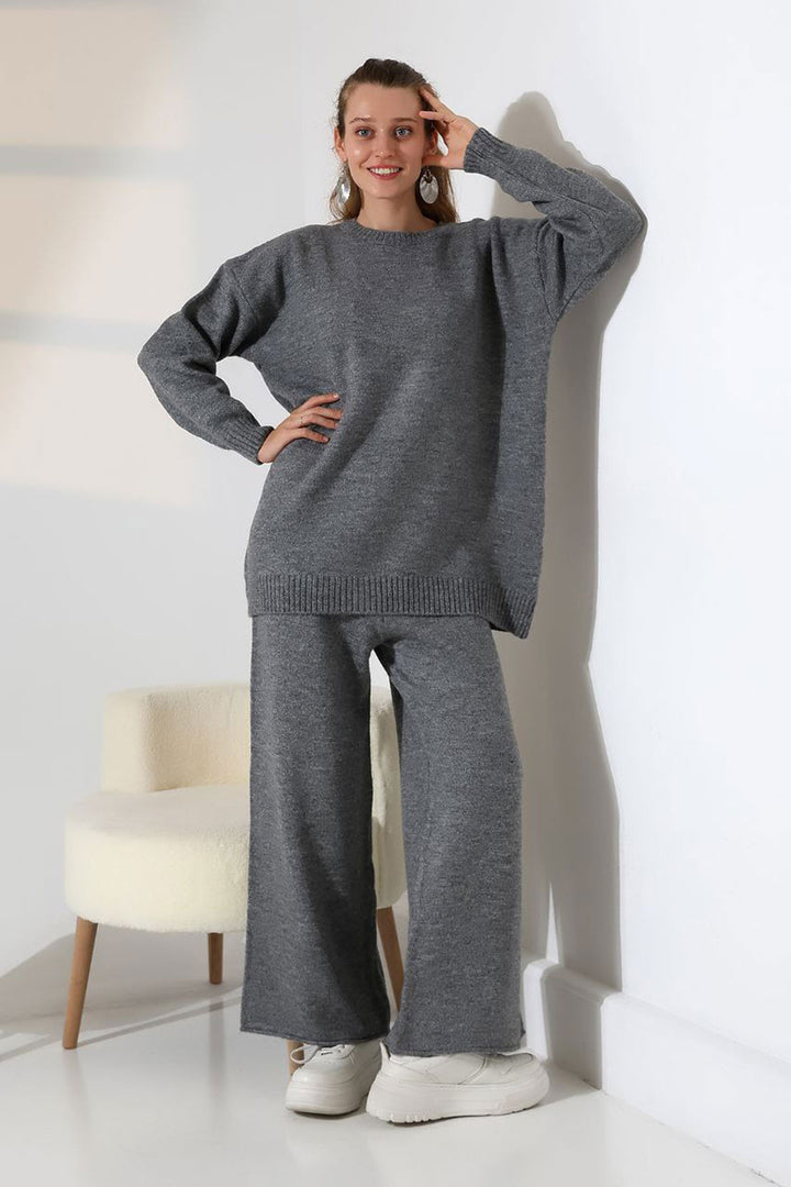 Anthracite Bicycle Neck Sweater and Wide Leg Pants Top Bottom Knit Set BCES-252005 - Bakhmut