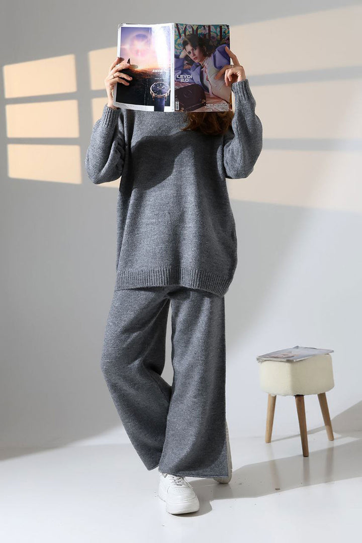 Anthracite Bicycle Neck Sweater and Wide Leg Pants Top Bottom Knit Set BCES-252005 - Bakhmut