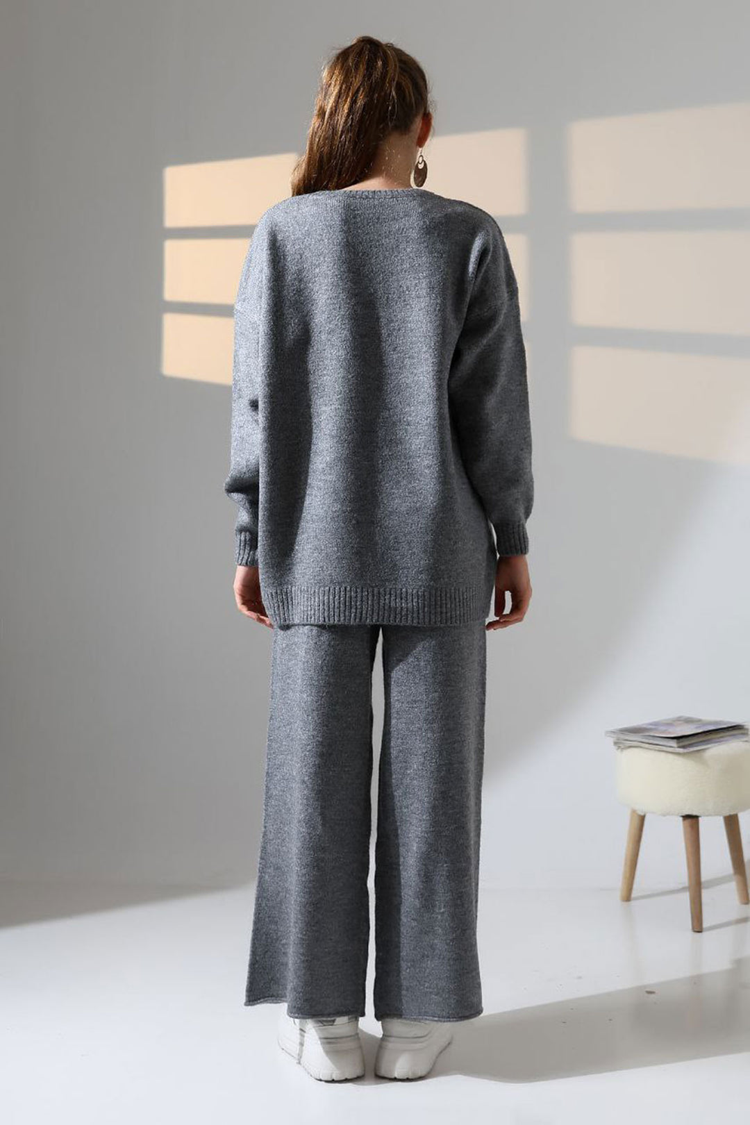 Anthracite Bicycle Neck Sweater and Wide Leg Pants Top Bottom Knit Set BCES-252005 - Bakhmut