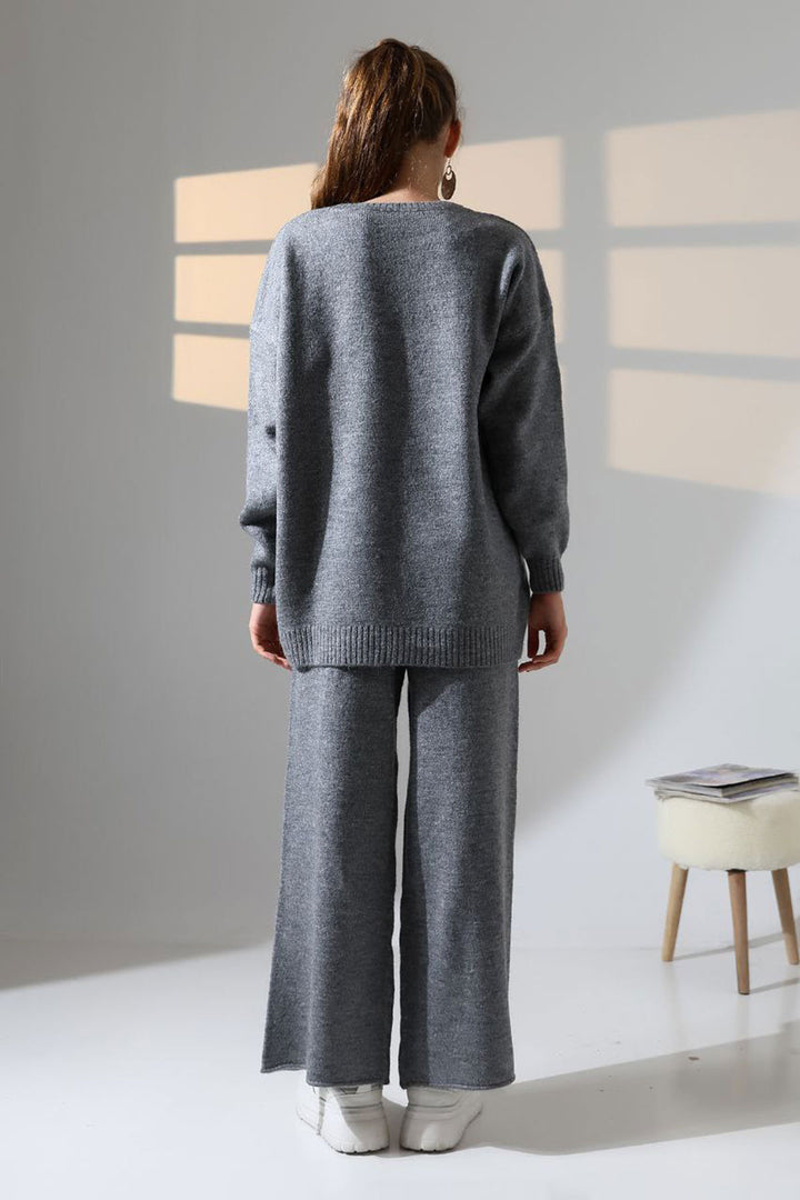 Anthracite Bicycle Neck Sweater and Wide Leg Pants Top Bottom Knit Set BCES-252005 - Bakhmut