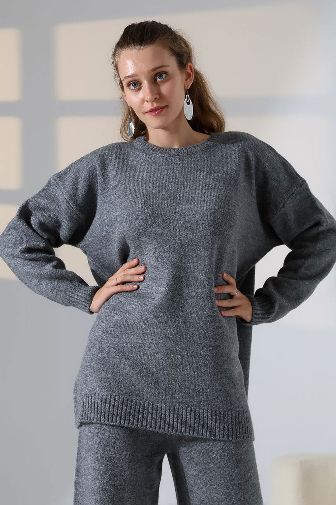 Anthracite Bicycle Neck Sweater and Wide Leg Pants Top Bottom Knit Set BCES-252005 - Bakhmut