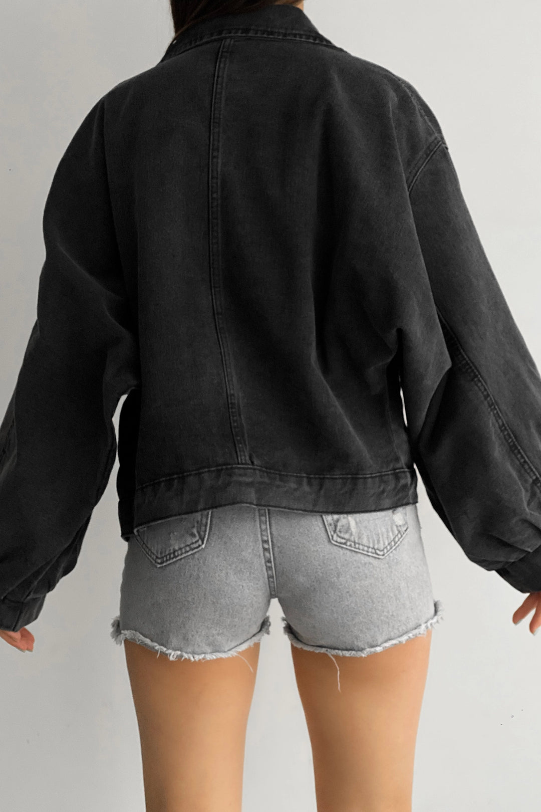 Anthracite Double Pocket Balloon Sleeve Oversized Denim Jacket BCDF-235402 - Onteniente