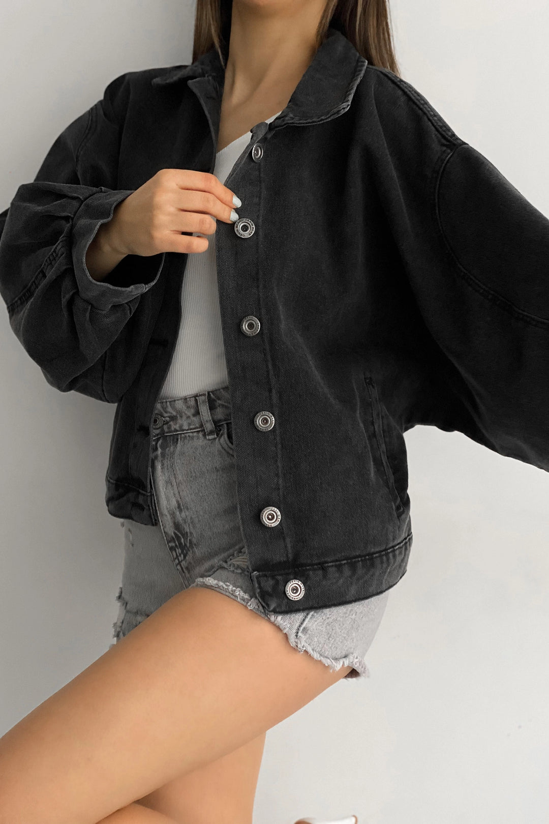 Anthracite Double Pocket Balloon Sleeve Oversized Denim Jacket BCDF-235402 - Onteniente