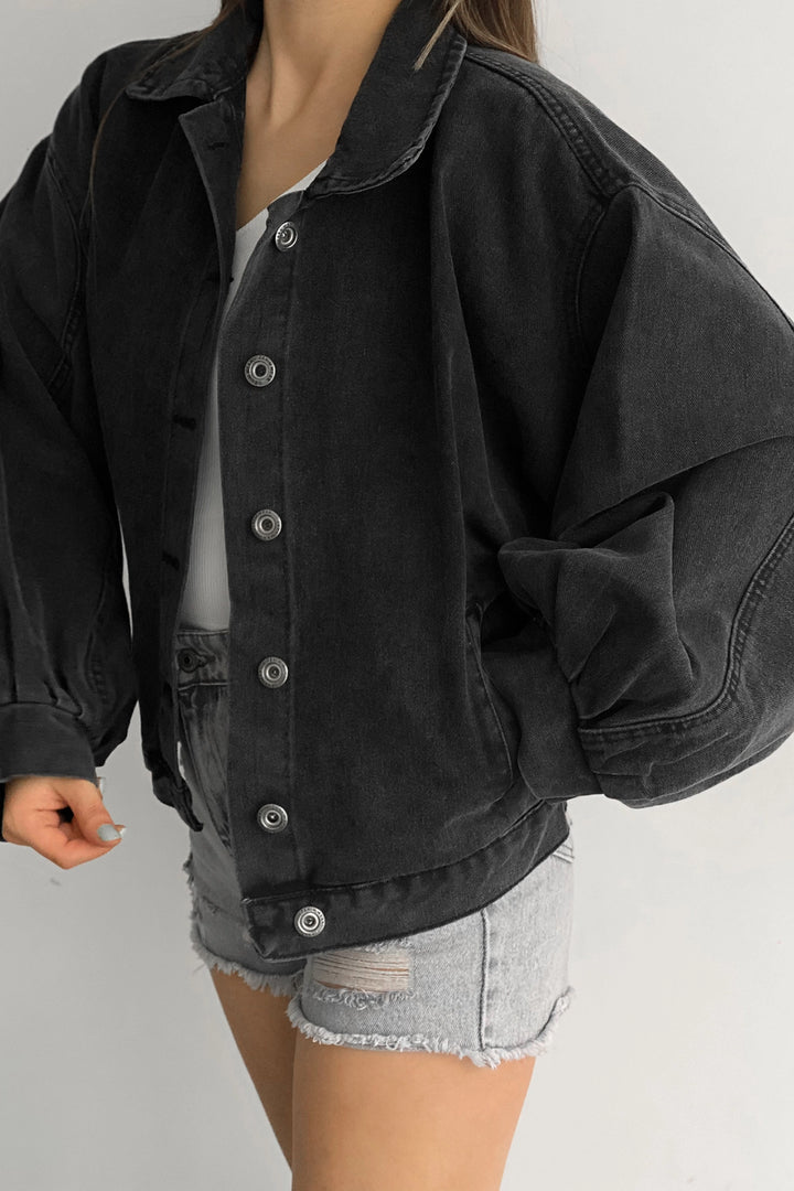 Anthracite Double Pocket Balloon Sleeve Oversized Denim Jacket BCDF-235402 - Onteniente