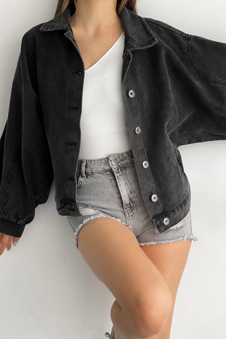Anthracite Double Pocket Balloon Sleeve Oversized Denim Jacket BCDF-235402 - Onteniente