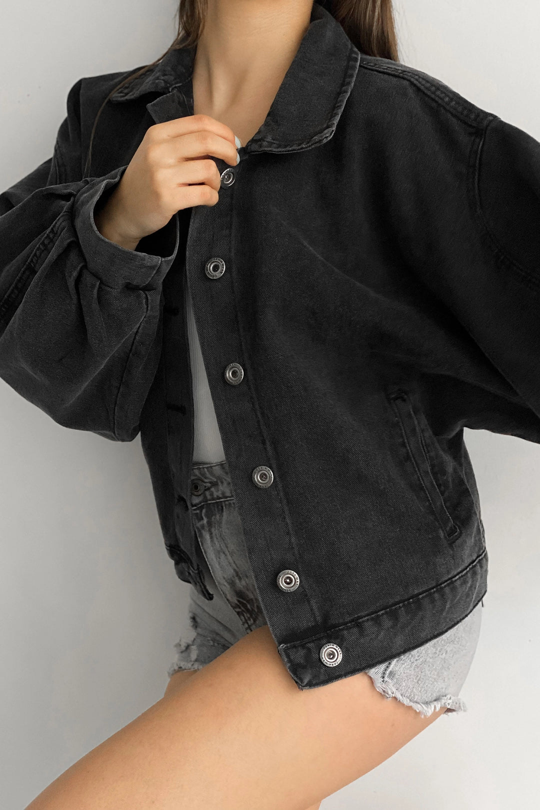 Anthracite Double Pocket Balloon Sleeve Oversized Denim Jacket BCDF-235402 - Onteniente