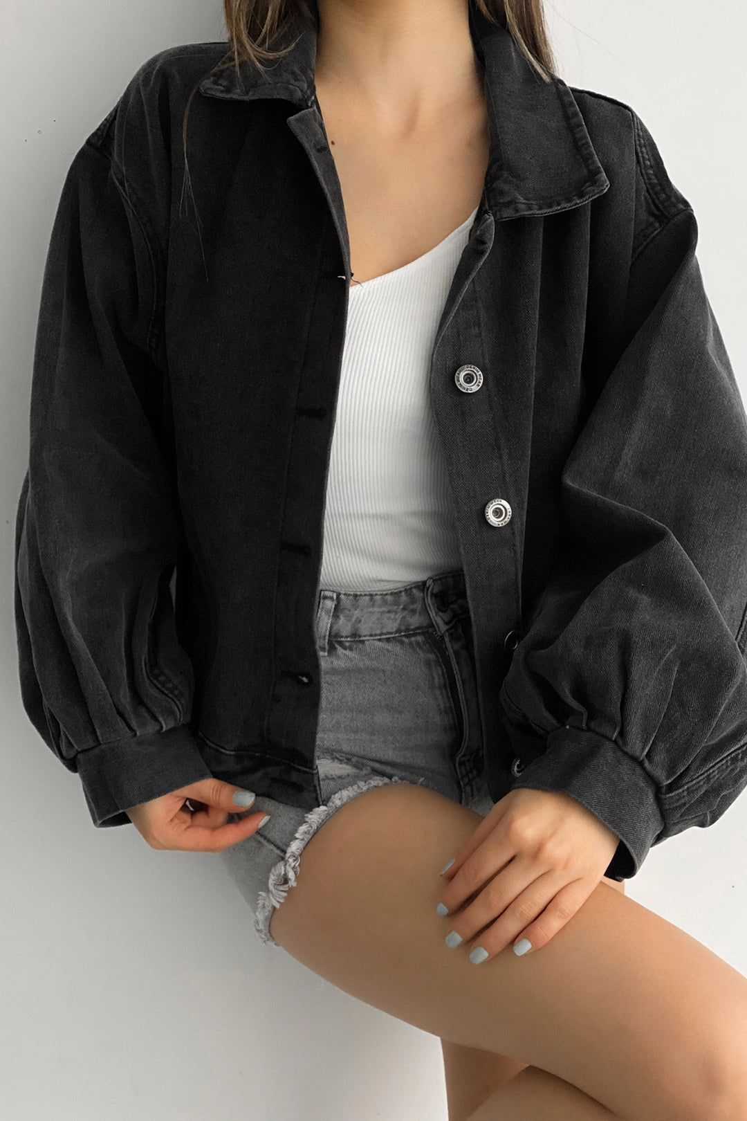 Anthracite Double Pocket Balloon Sleeve Oversized Denim Jacket BCDF-235402 - Onteniente