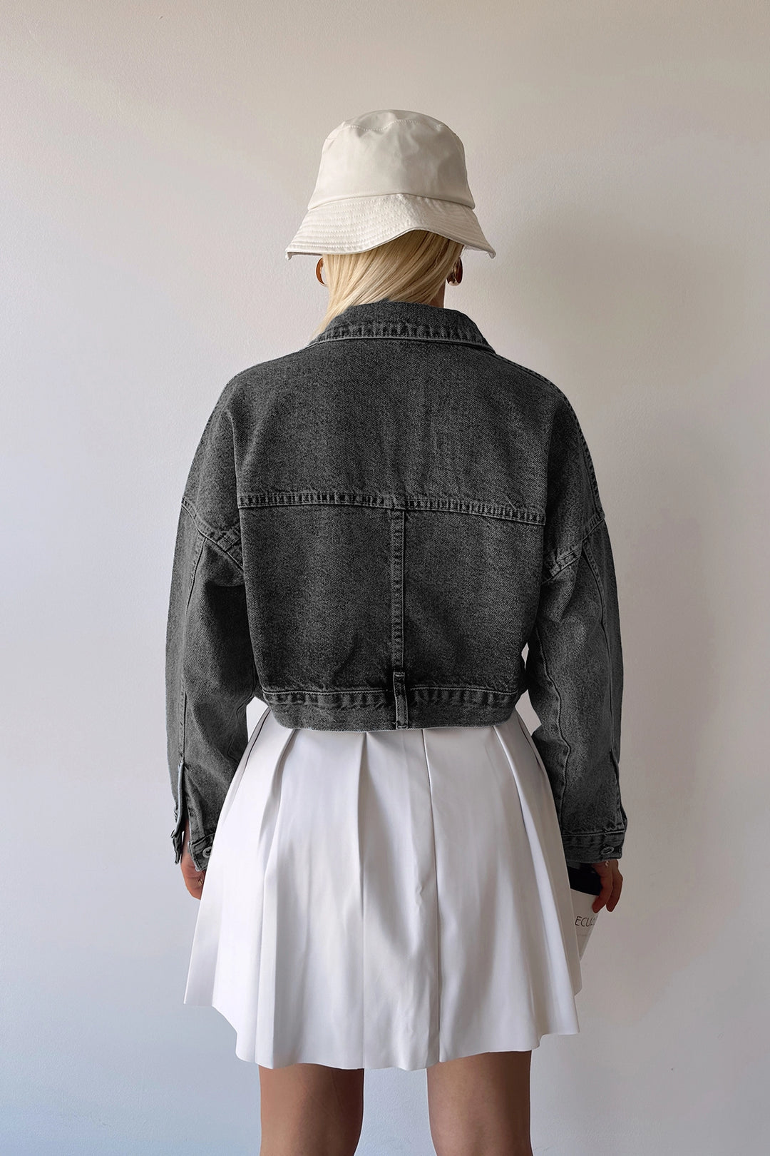 Anthracite Double Pocket Zippered Washed Crop Denim Jacket BCDF-235410 - El Cajon