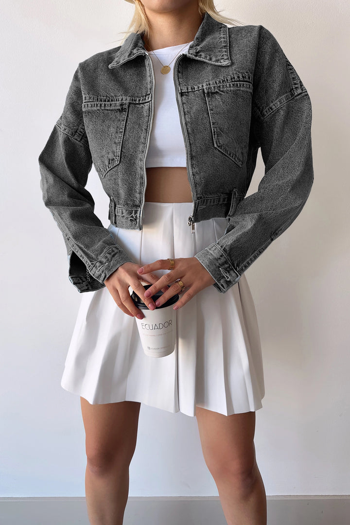 Anthracite Double Pocket Zippered Washed Crop Denim Jacket BCDF-235410 - El Cajon