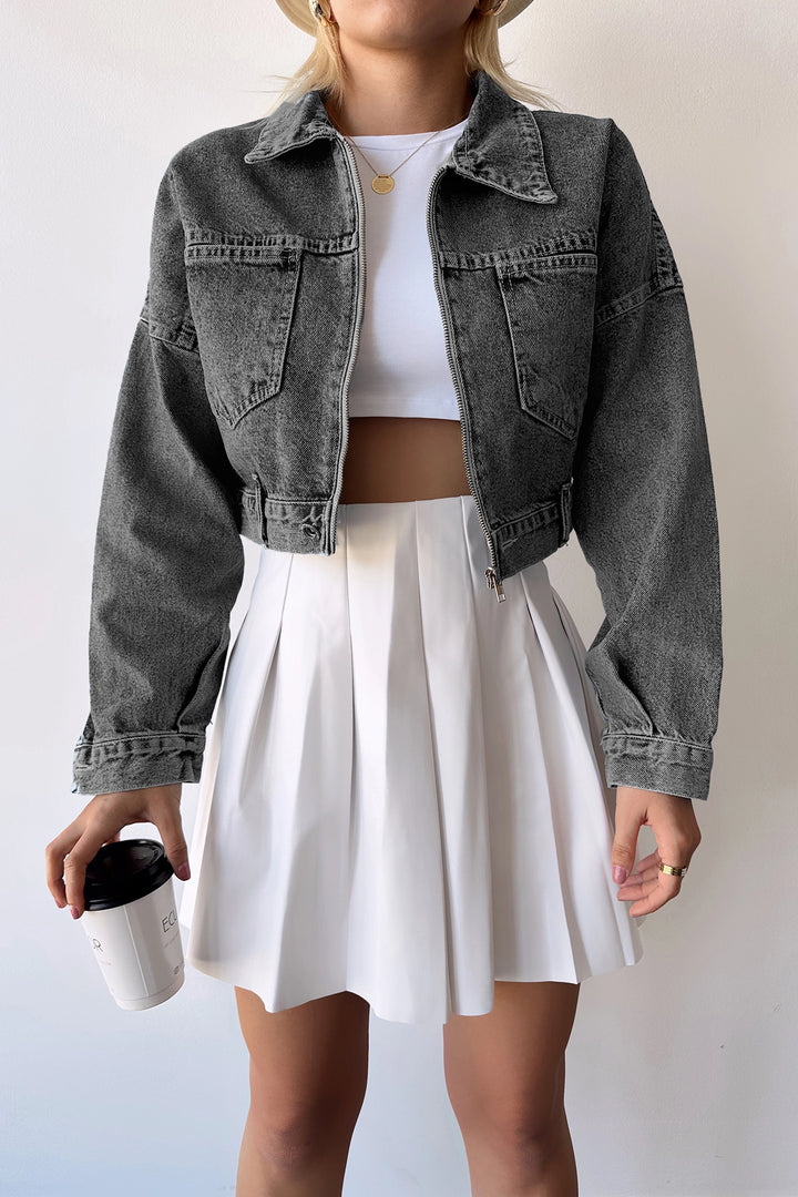 Anthracite Double Pocket Zippered Washed Crop Denim Jacket BCDF-235410 - El Cajon