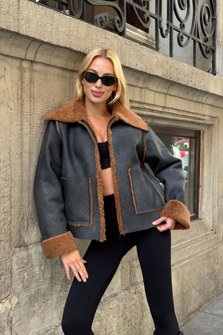 Anthracite Double Pocket Faux Fur Lined Biker Jacket - Brentwood