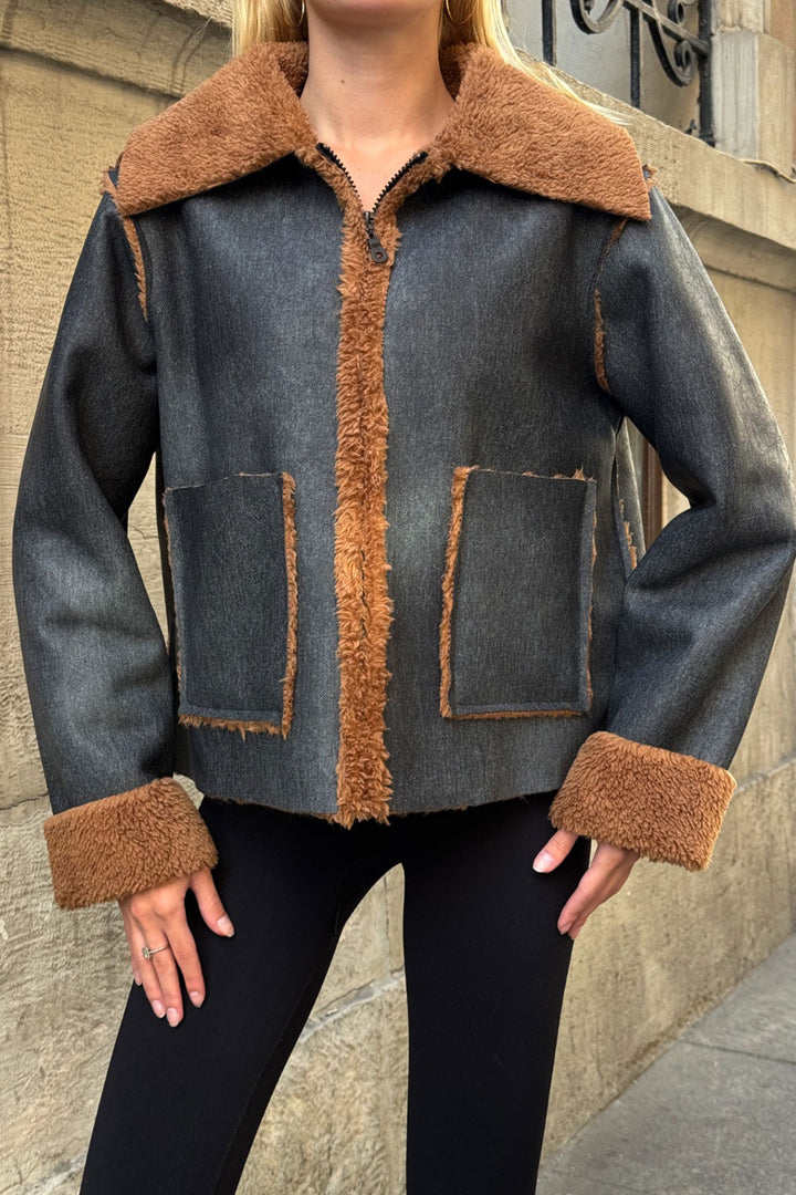 Anthracite Double Pocket Faux Fur Lined Biker Jacket - Brentwood