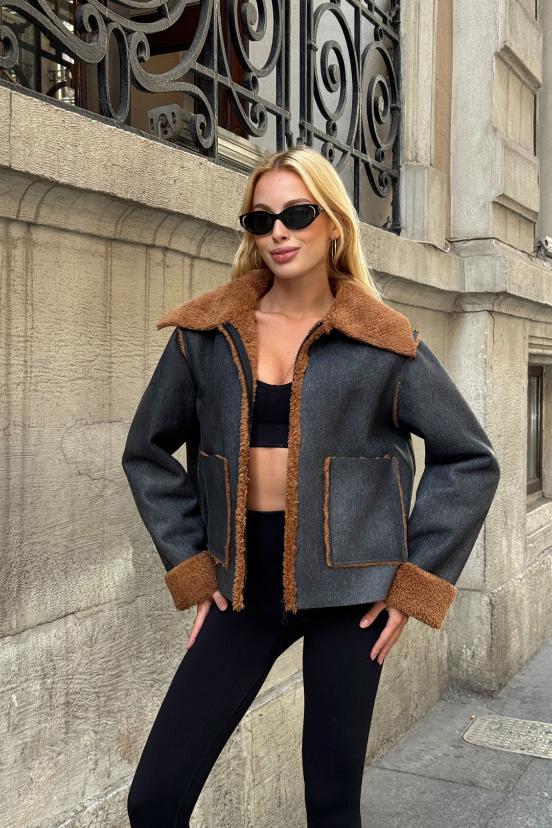 Anthracite Double Pocket Faux Fur Lined Biker Jacket - Brentwood