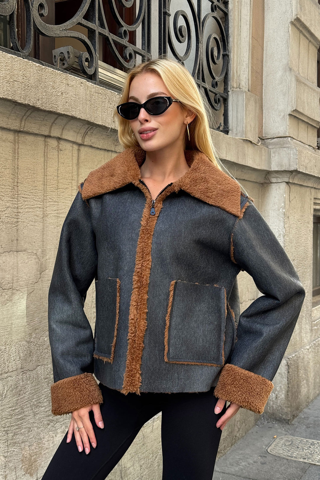 Anthracite Double Pocket Faux Fur Lined Biker Jacket - Brentwood