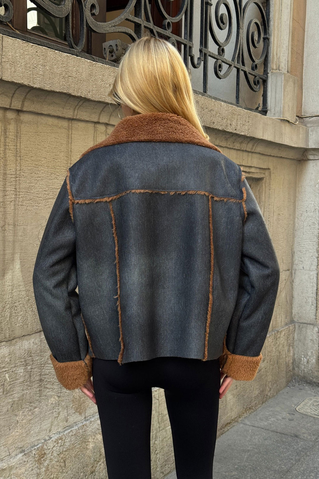 Anthracite Double Pocket Faux Fur Lined Biker Jacket - Brentwood