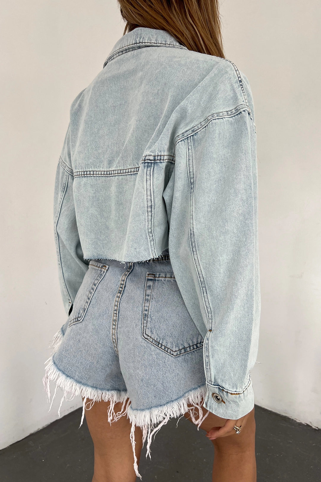 Blue Double Pocket Laser Cut Washed Crop Denim Jacket BCDF-235408 - Mühlhausen