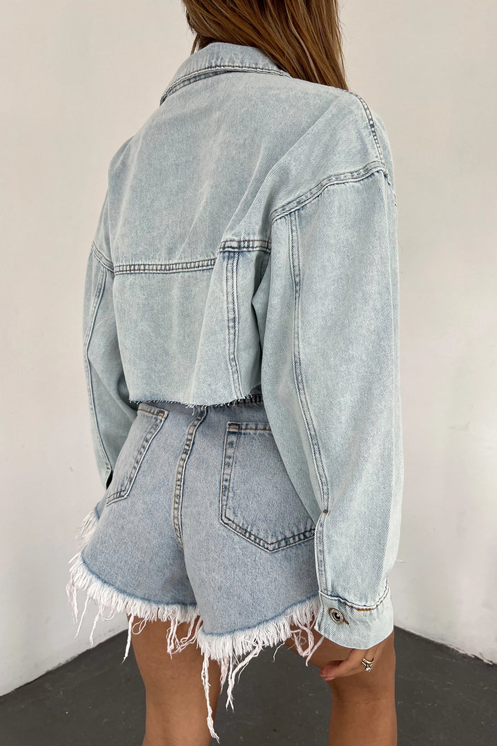 Blue Double Pocket Laser Cut Washed Crop Denim Jacket BCDF-235408 - Mühlhausen