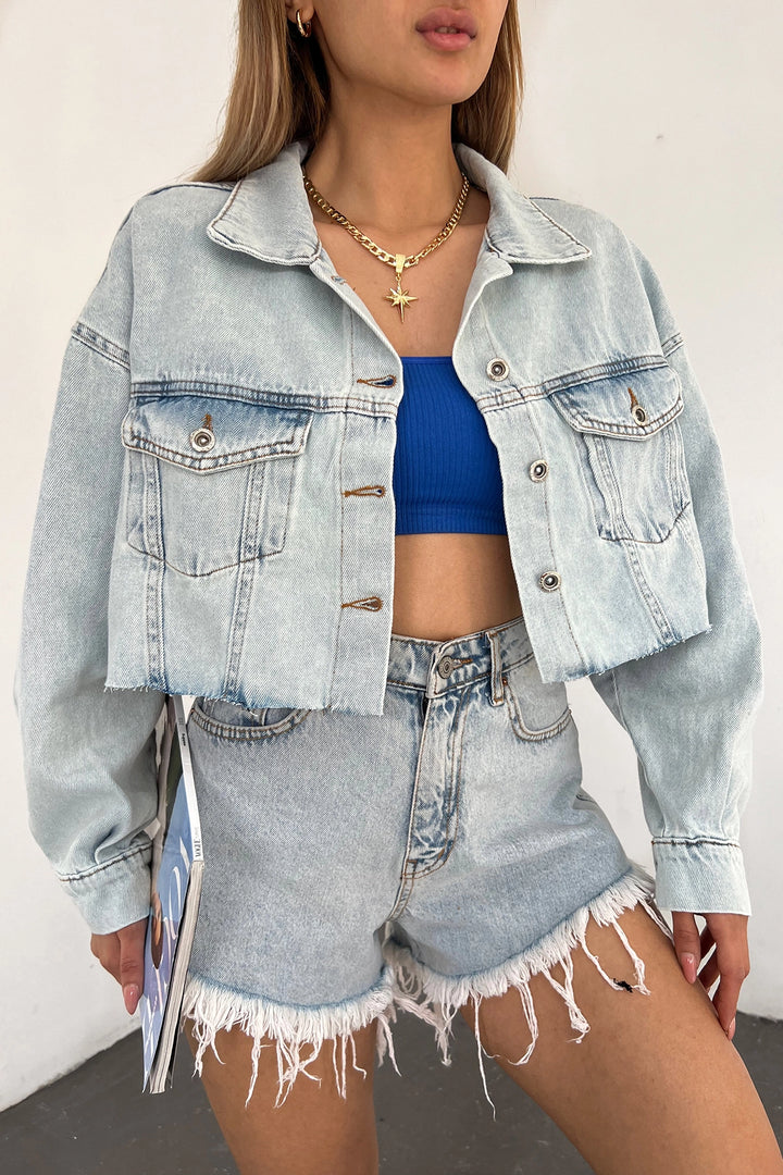 Blue Double Pocket Laser Cut Washed Crop Denim Jacket BCDF-235408 - Mühlhausen