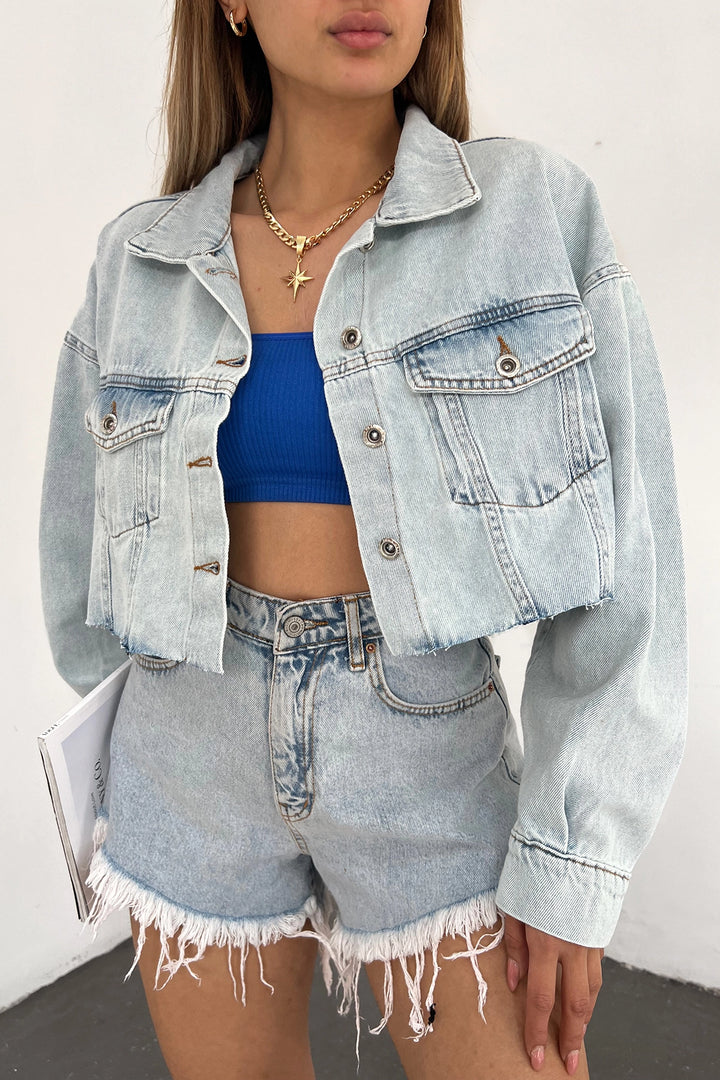 Blue Double Pocket Laser Cut Washed Crop Denim Jacket BCDF-235408 - Mühlhausen