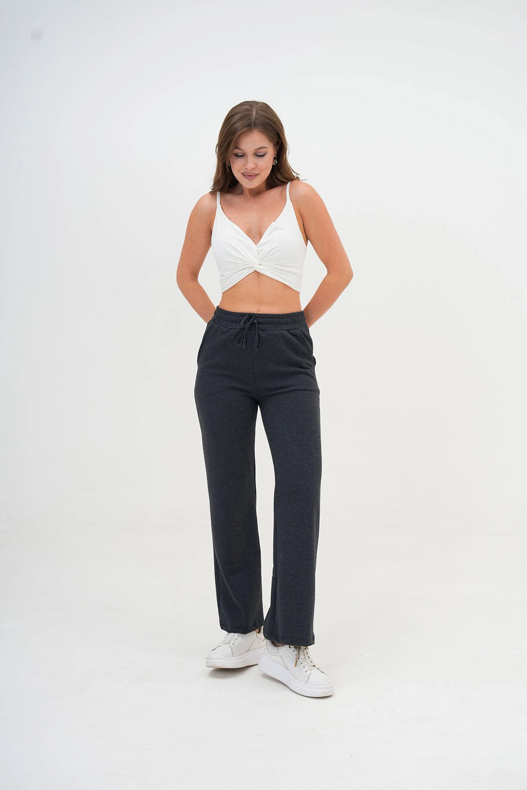 Anthracite Double Pocket Knitted Fabric Comfortable Fit Palazzo Pants BC25PKN03 - Acatlán de Pérez Figueroa