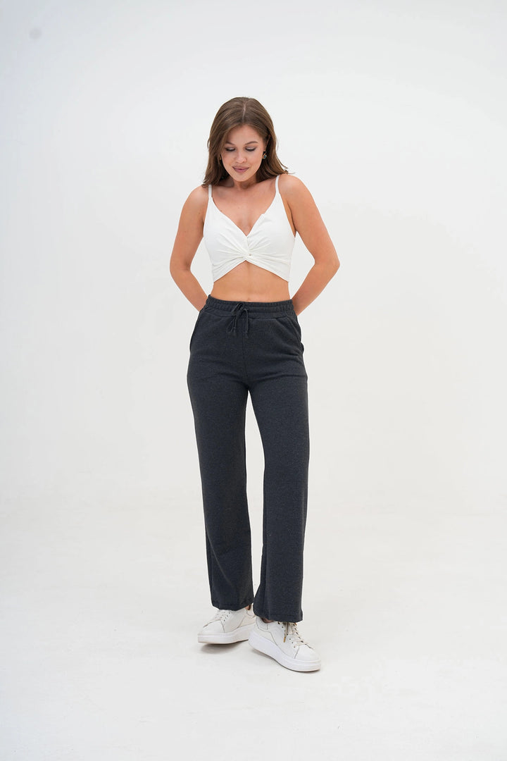 Anthracite Double Pocket Knitted Fabric Comfortable Fit Palazzo Pants BC25PKN03 - Acatlán de Pérez Figueroa
