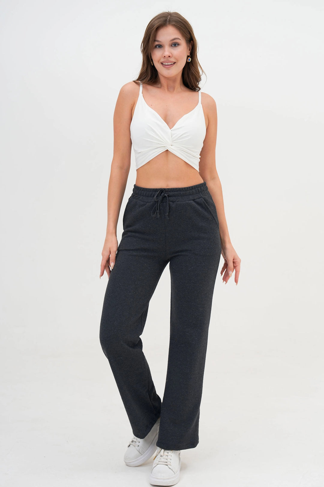 Anthracite Double Pocket Knitted Fabric Comfortable Fit Palazzo Pants BC25PKN03 - Acatlán de Pérez Figueroa