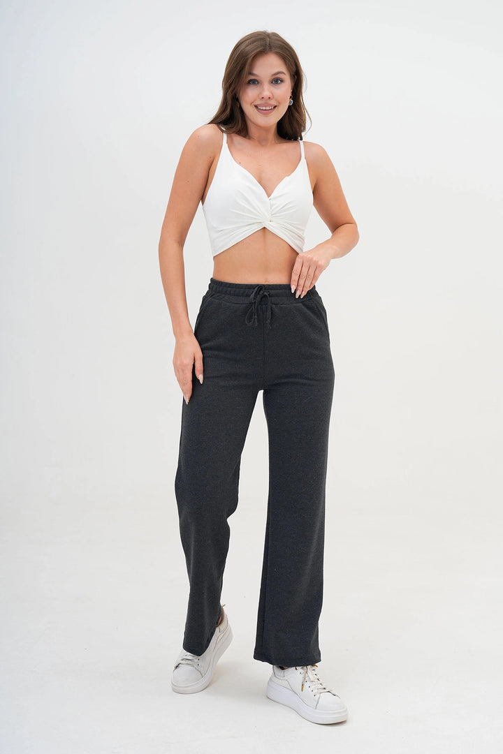 Anthracite Double Pocket Knitted Fabric Comfortable Fit Palazzo Pants BC25PKN03 - Acatlán de Pérez Figueroa