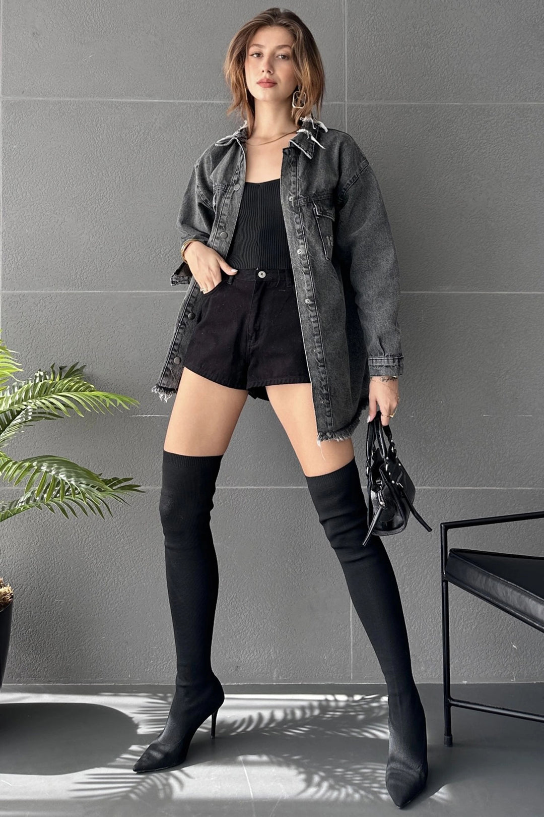 Anthracite Double Pocket Distressed Detail Oversized Shirt Jacket BCDF-245414 - Figueras