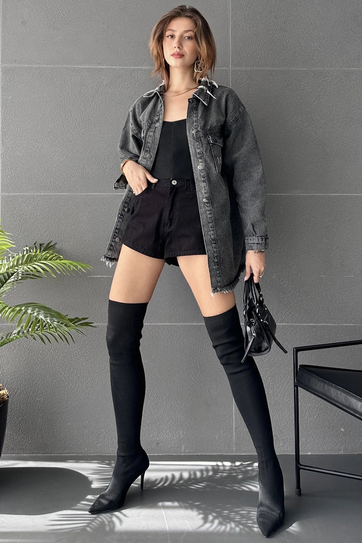 Anthracite Double Pocket Distressed Detail Oversized Shirt Jacket BCDF-245414 - Figueras