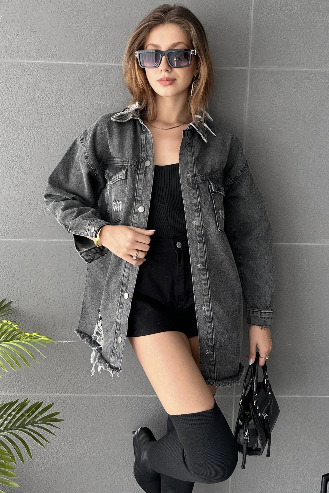 Anthracite Double Pocket Distressed Detail Oversized Shirt Jacket BCDF-245414 - Figueras