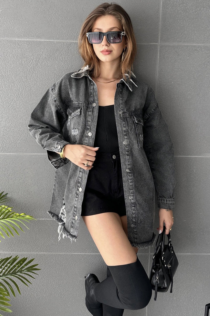 Anthracite Double Pocket Distressed Detail Oversized Shirt Jacket BCDF-245414 - Figueras