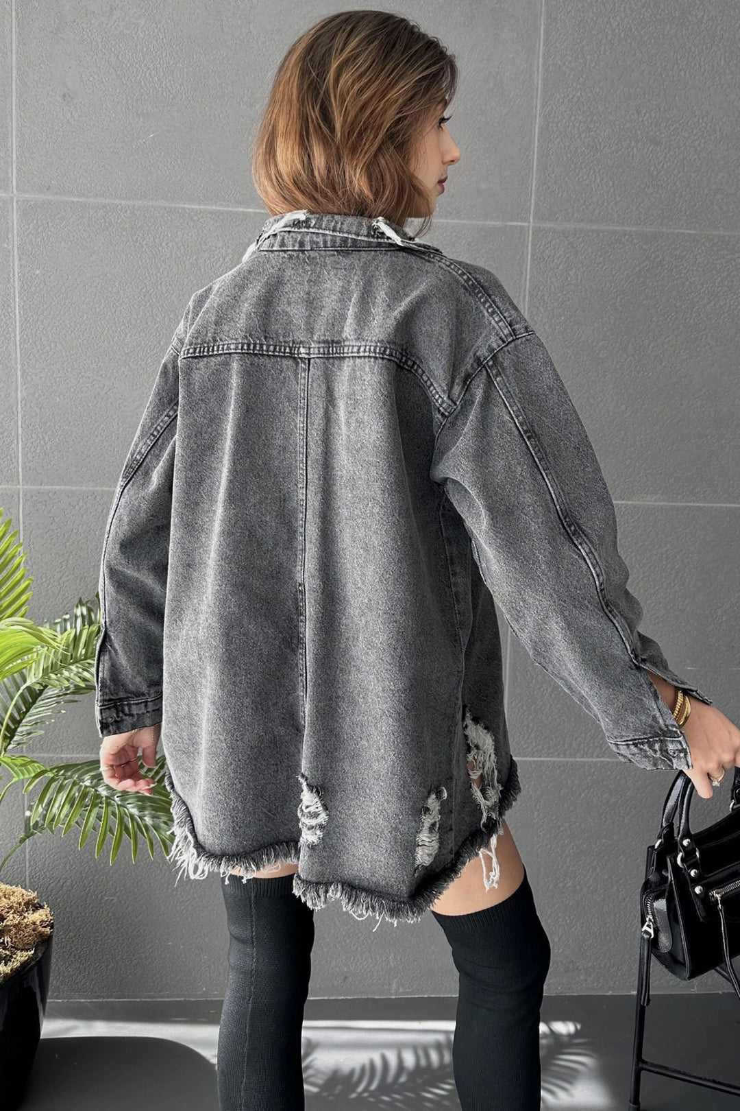 Anthracite Double Pocket Distressed Detail Oversized Shirt Jacket BCDF-245414 - Figueras