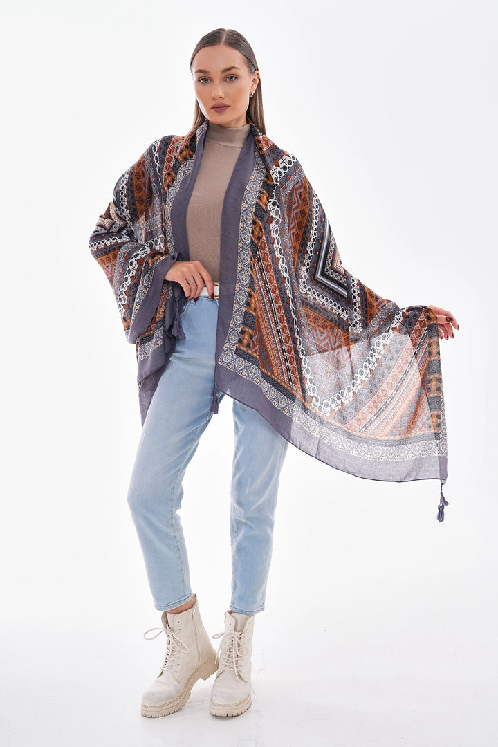 Anthracite Patterned Fringed Shawl BCNSV-2515239 - St. Cloud