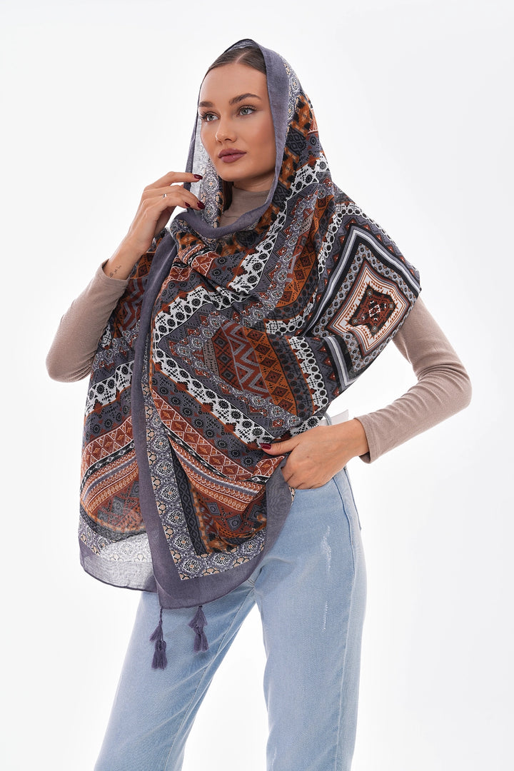 Anthracite Patterned Fringed Shawl BCNSV-2515239 - St. Cloud
