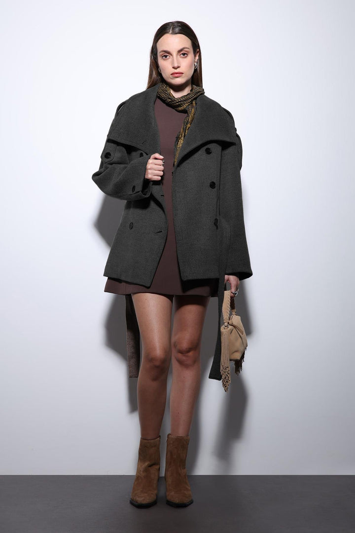 ANT Antioch Antrasit Dik Yaka Kruvaze Kadın Kaban - Potsdam