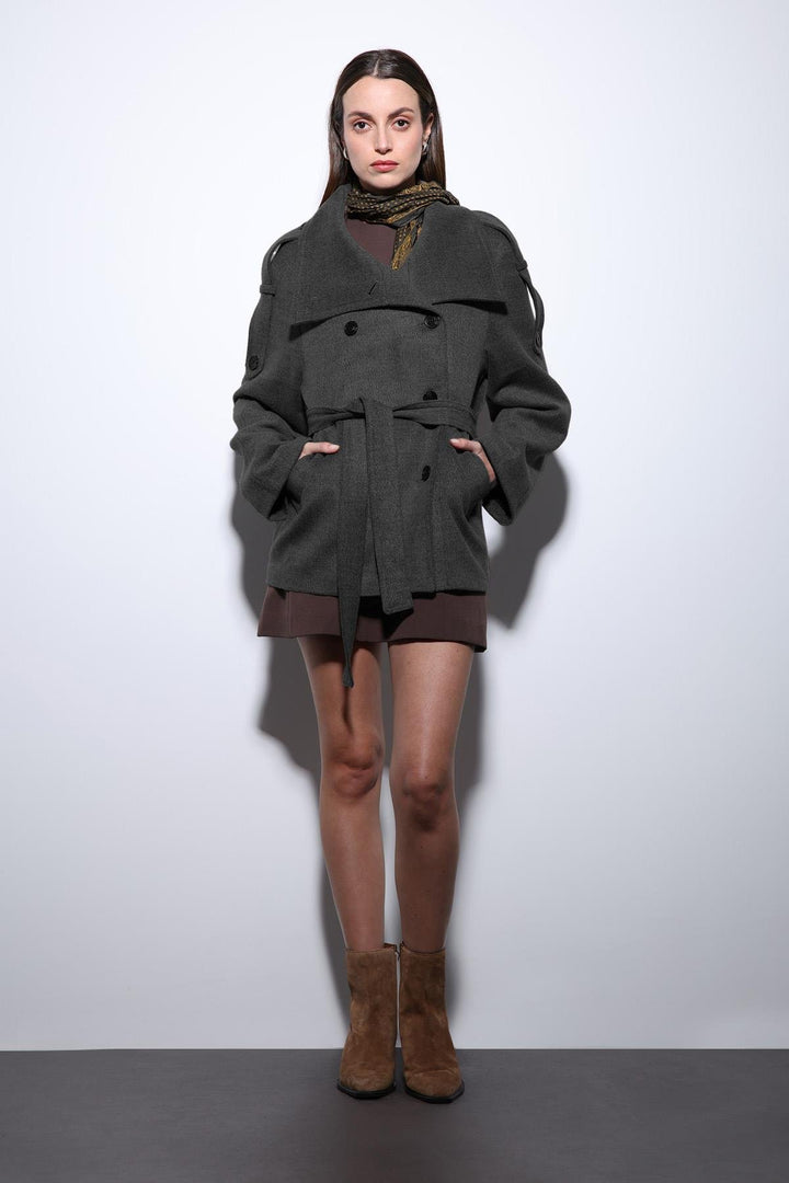 ANT Antioch Antrasit Dik Yaka Kruvaze Kadın Kaban - Potsdam